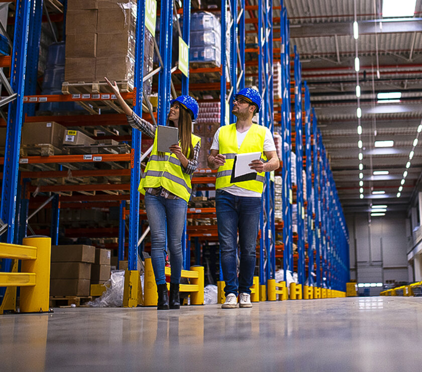 Shot of two workers walking through large warehouse center, obse